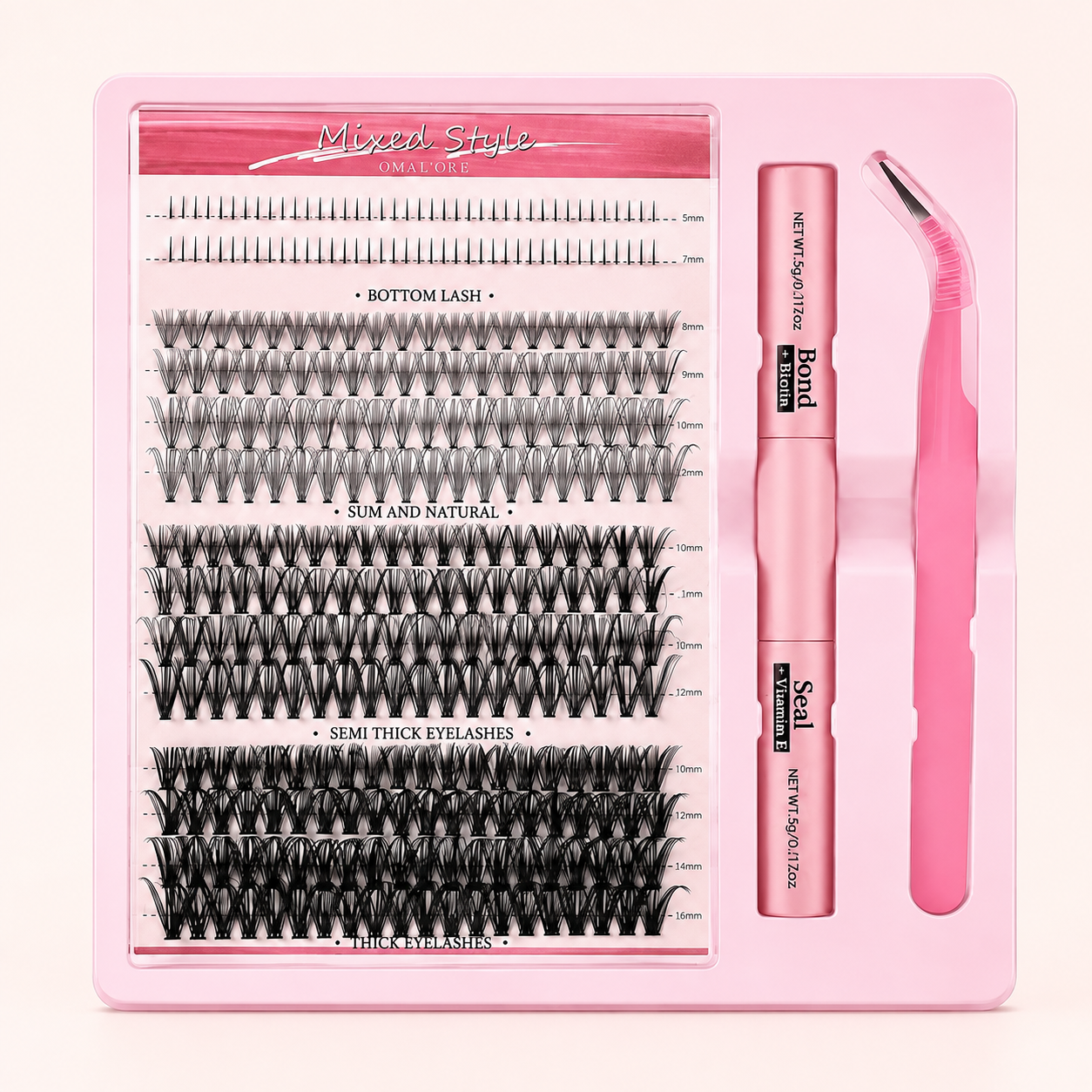Pink DIY cluster lash kit with lash tray, Bond, Seal and precision tweezer